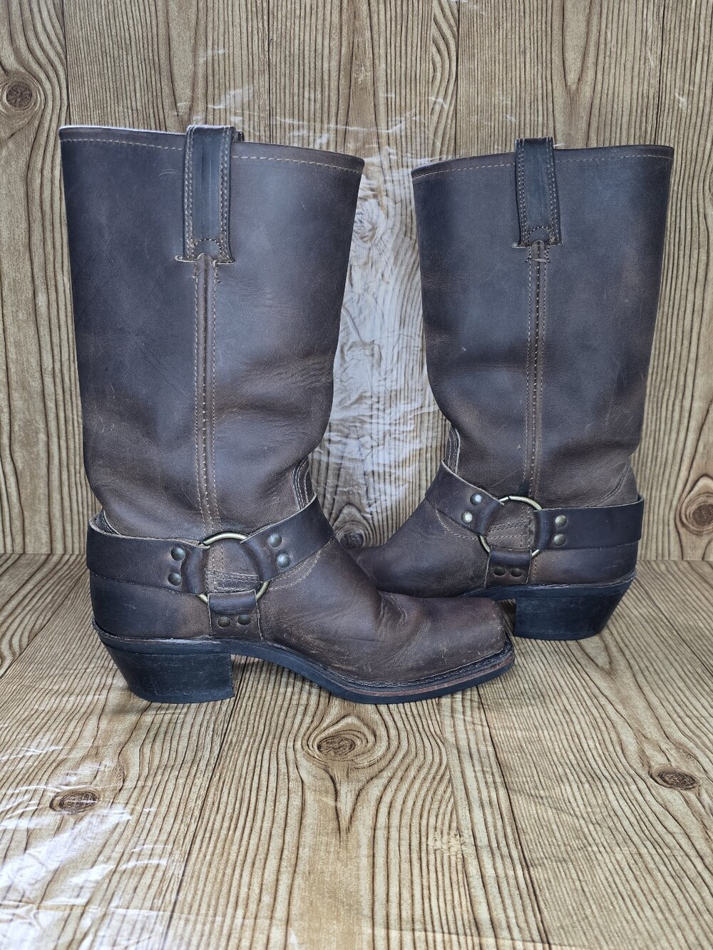 Women's Frye Brown Leather Harness Square Toe Boots Size 7.5 - Picture 12 of 16